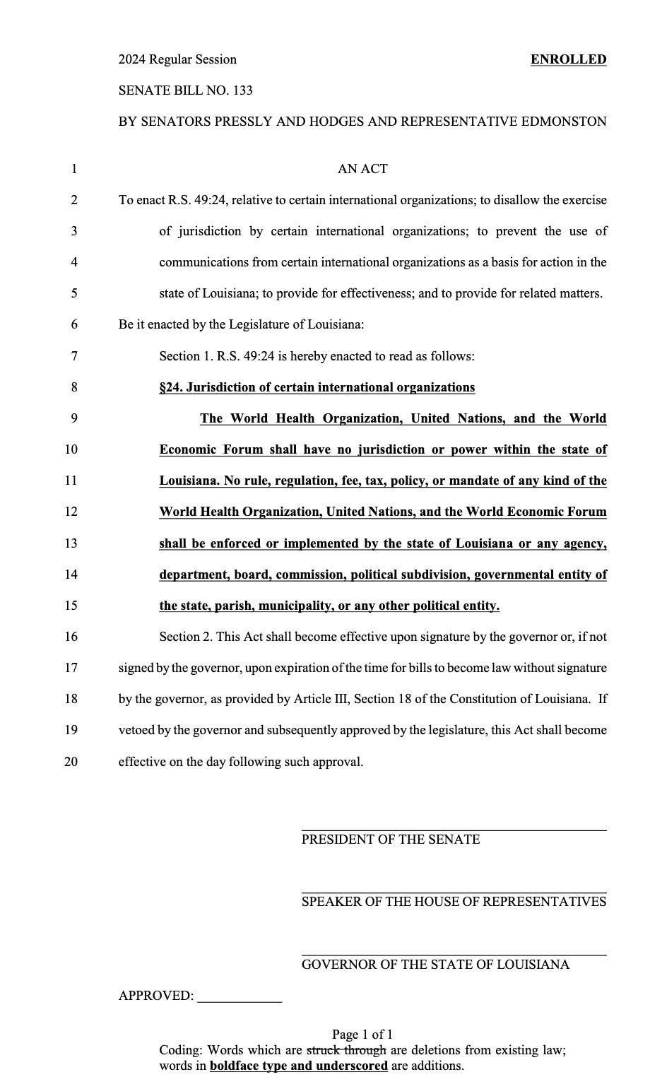 Louisiana first state to ban WEF WHO and UN